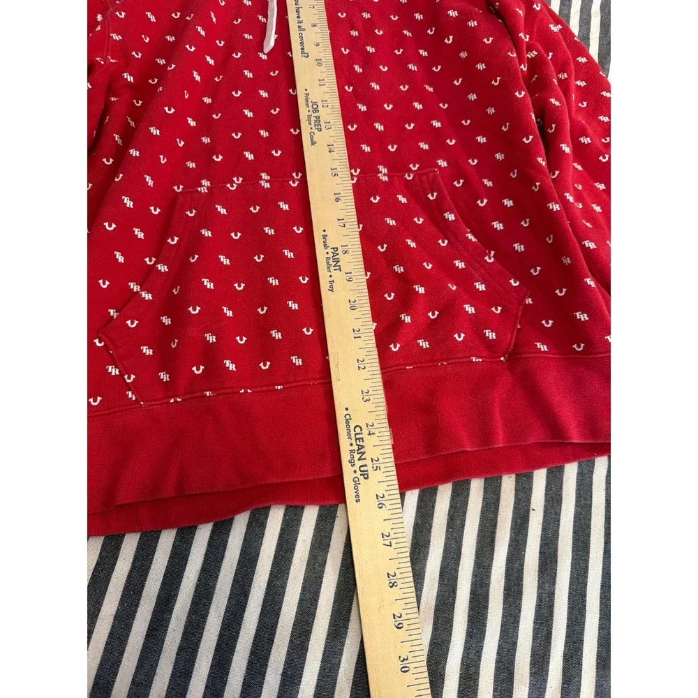 True Religion Mens Red Monogram Horseshoe All Over Print Pullover Hoodie Y2K